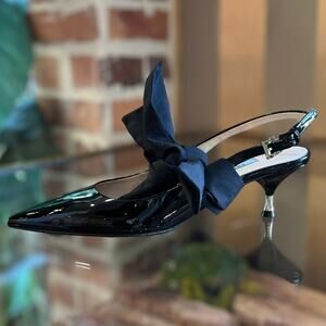 PRADA Black Patent Leather Pointed Toe Sling Backs w/bow SZ 36.5 (6.5 US)